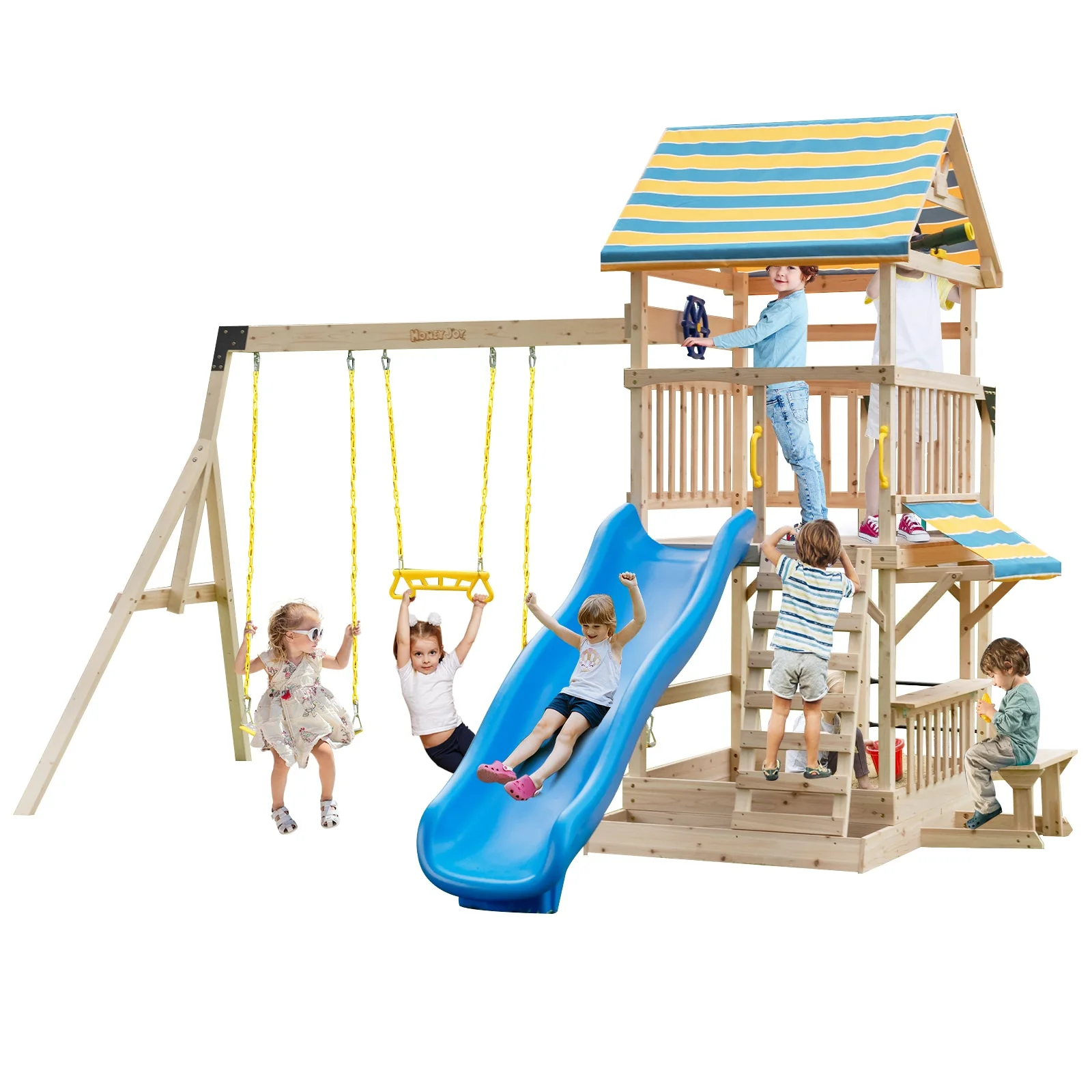 Wooden Swing Set with Large Upper Deck Slide and Steering Wheel - Image 3
