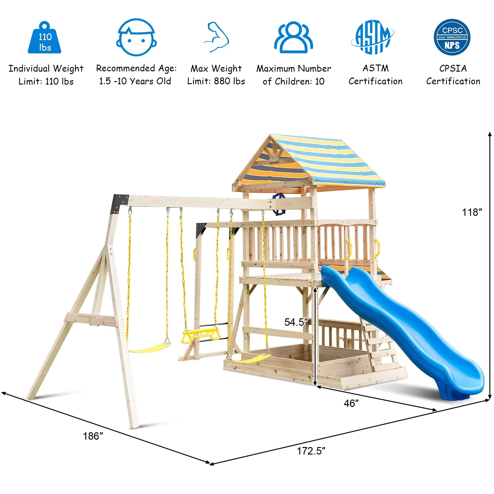 Wooden Swing Set with Large Upper Deck Slide and Steering Wheel - Image 4