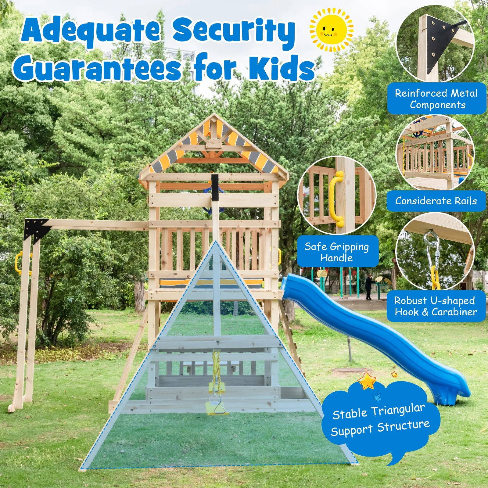 Wooden Swing Set with Large Upper Deck Slide and Steering Wheel - Image 5