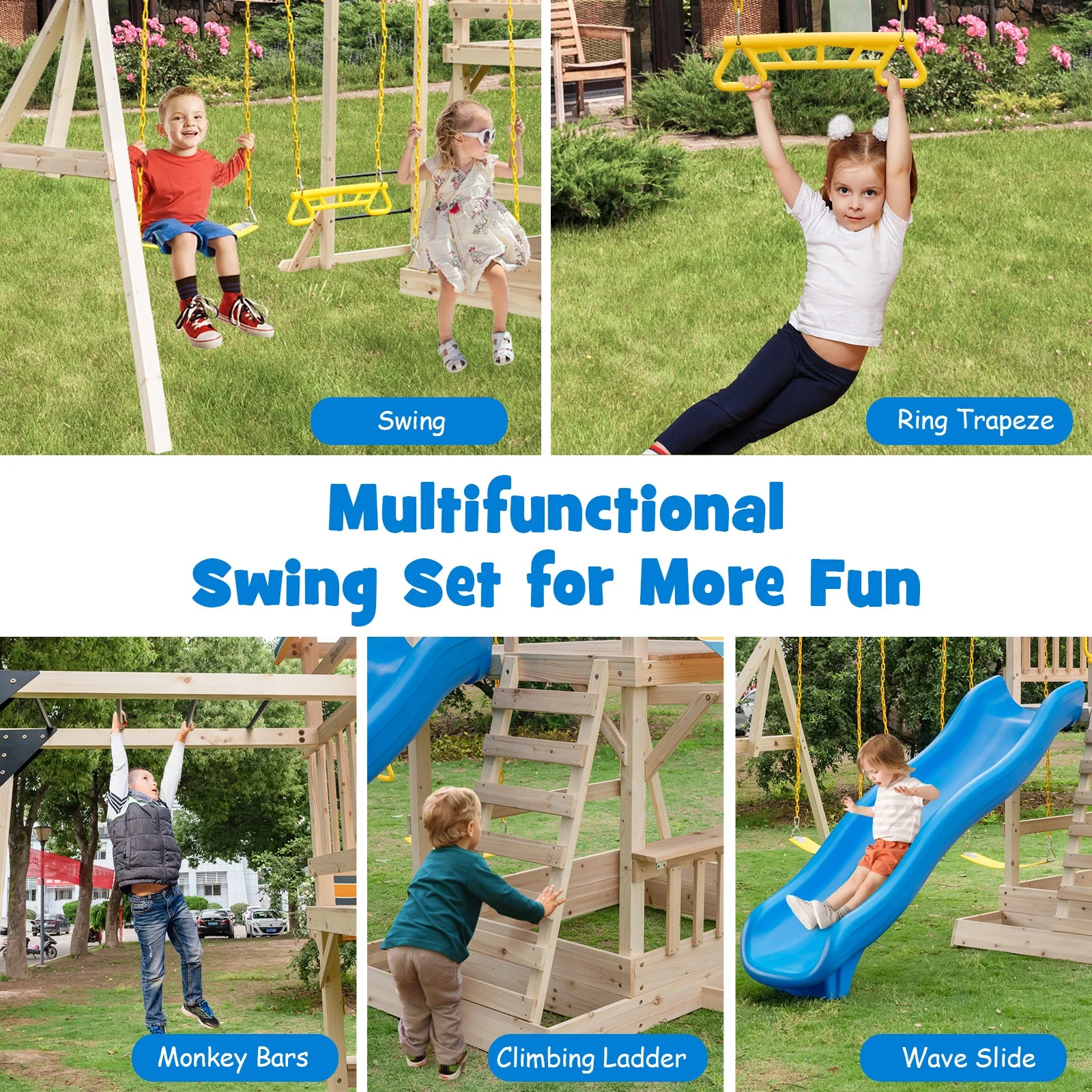 Wooden Swing Set with Large Upper Deck Slide and Steering Wheel - Image 6