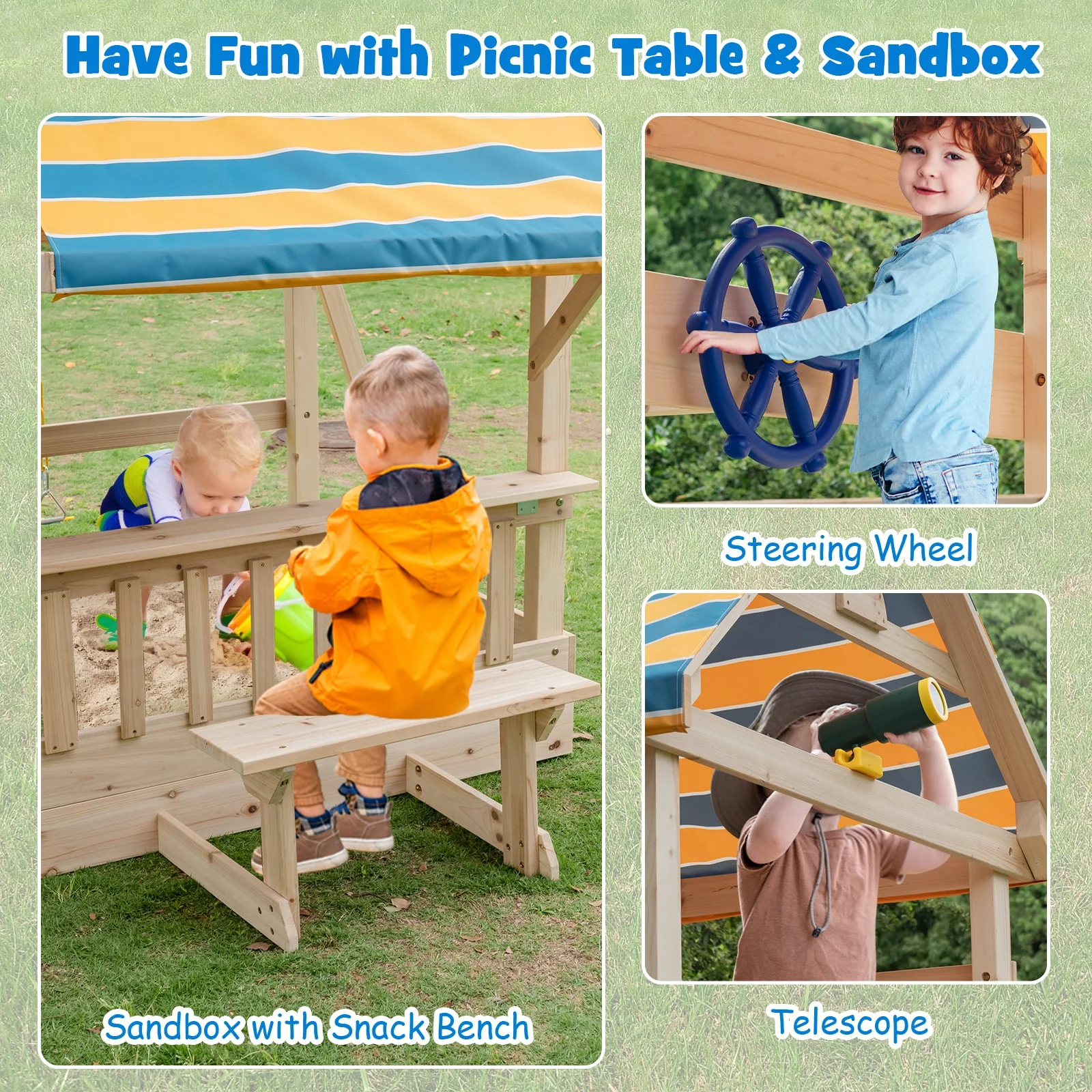 Wooden Swing Set with Large Upper Deck Slide and Steering Wheel - Image 7