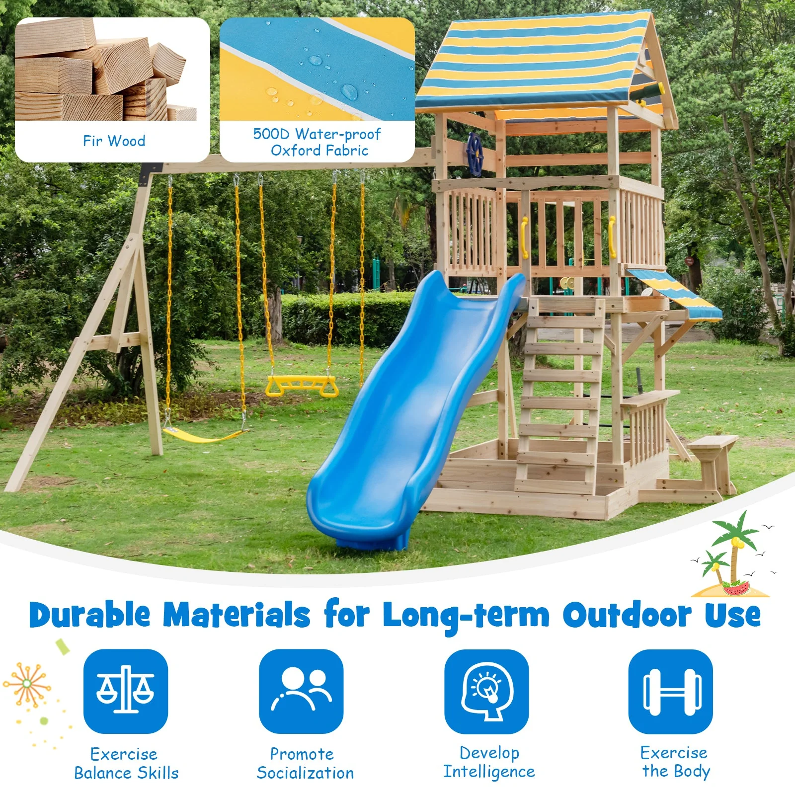 Wooden Swing Set with Large Upper Deck Slide and Steering Wheel - Image 8