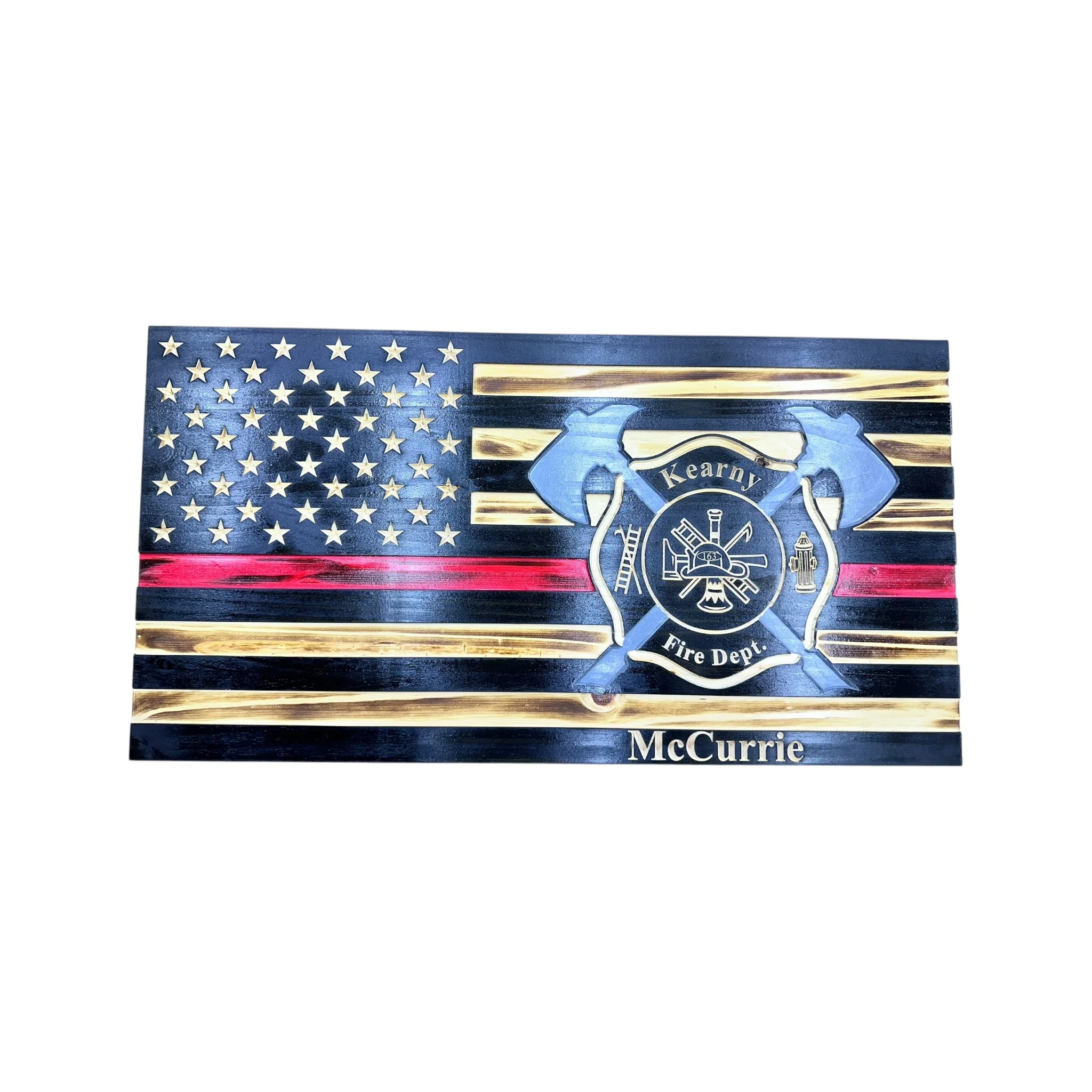 Wooden Thin Red Line American Flag with Axes and Custom Maltese Cross - Image 2