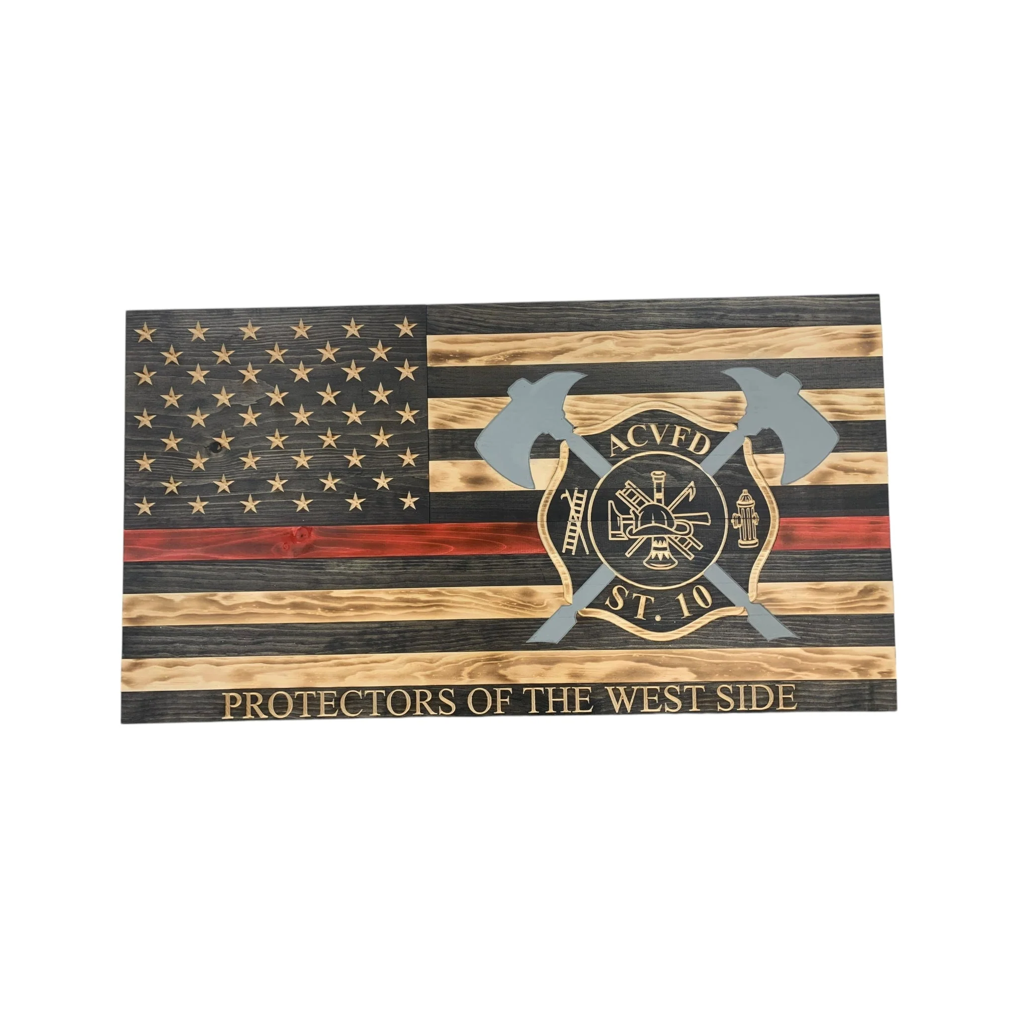 Wooden Thin Red Line American Flag with Axes and Custom Maltese Cross - Image 3