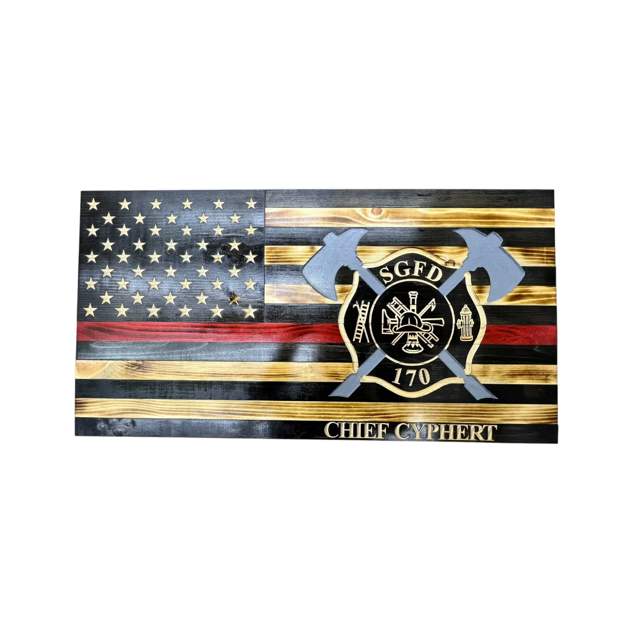 Wooden Thin Red Line American Flag with Axes and Custom Maltese Cross - Image 4