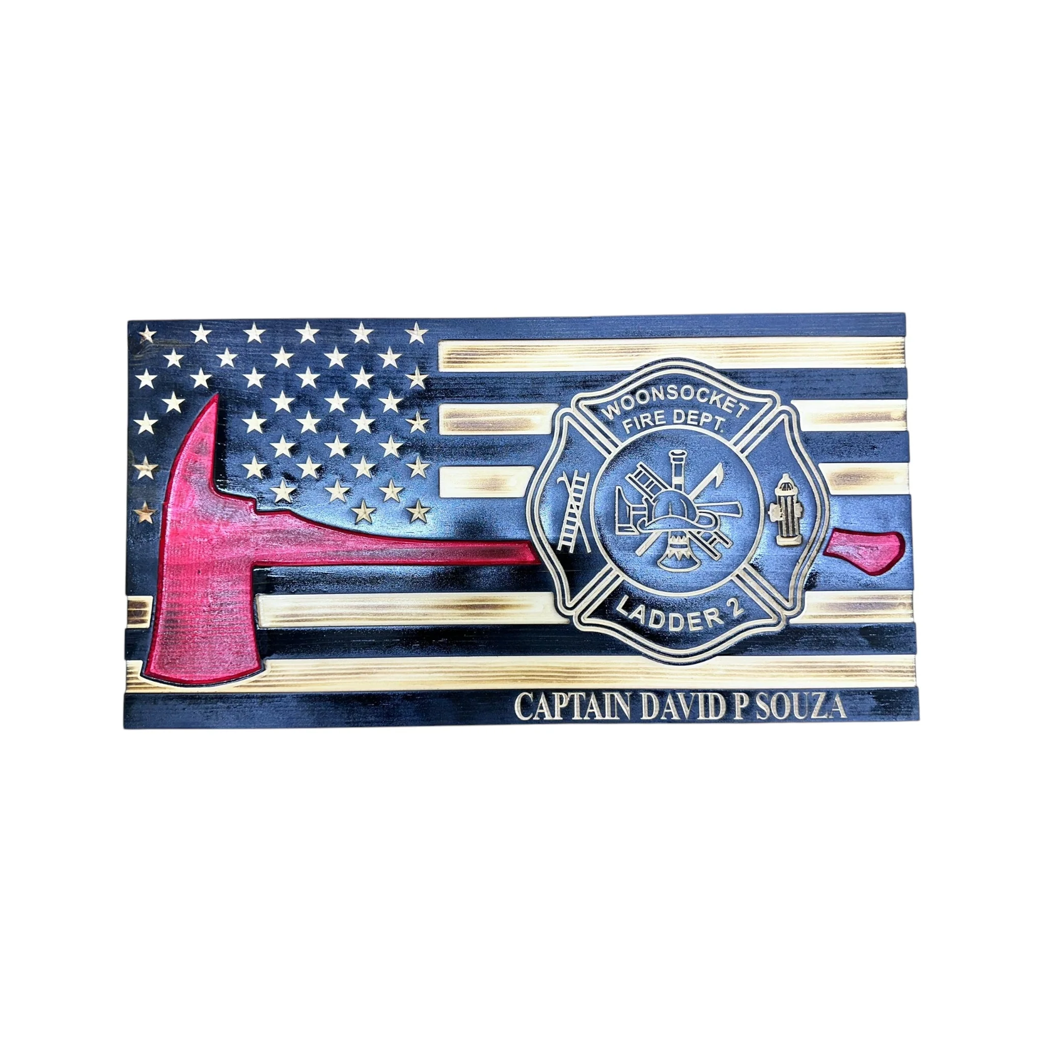 Wooden Thin Red Line American Flag with Firefighter Axe and Custom Badge - Image 10