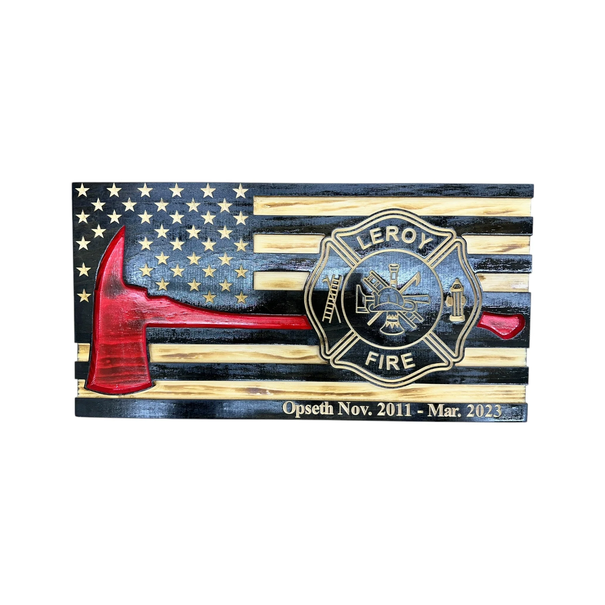 Wooden Thin Red Line American Flag with Firefighter Axe and Custom Badge - Image 11