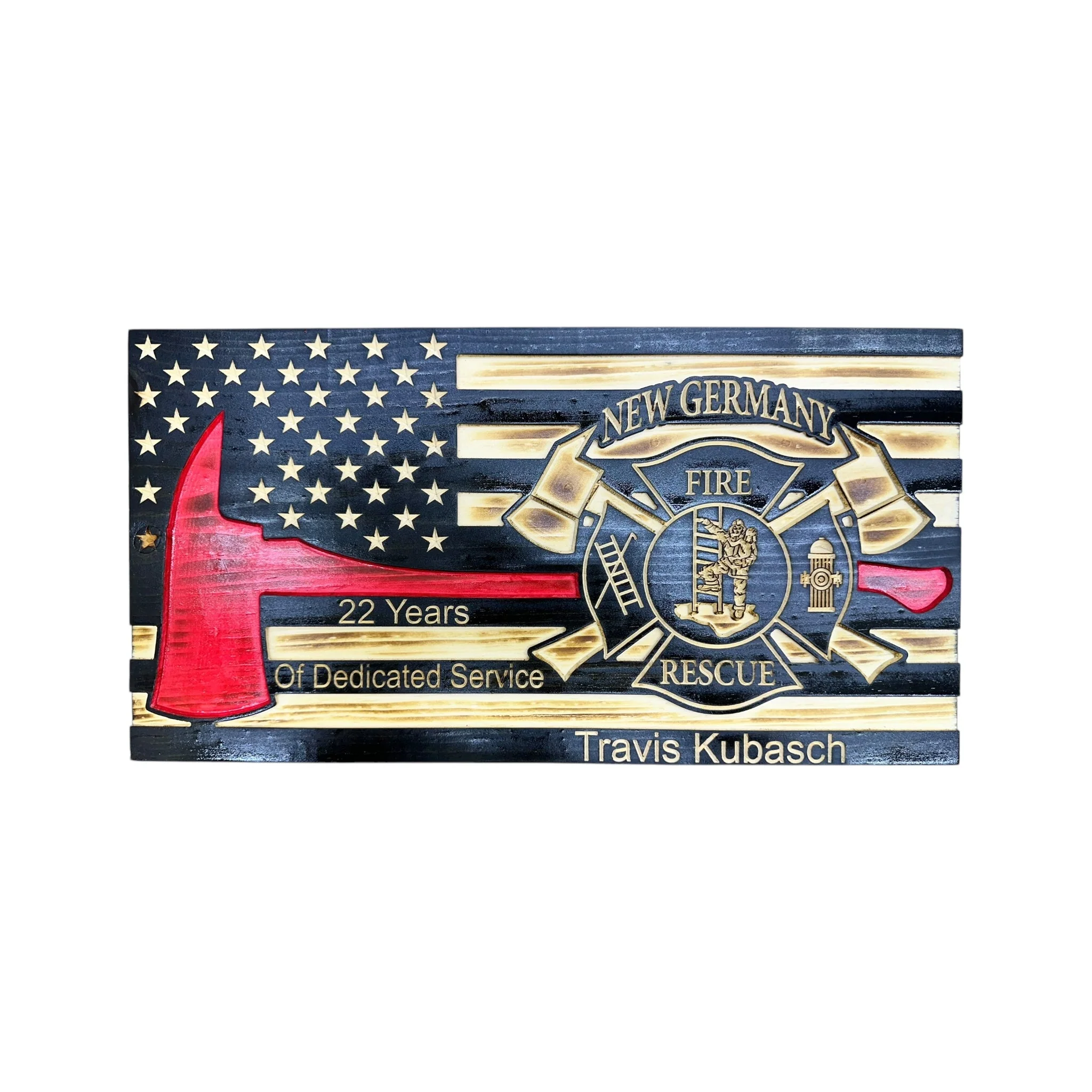 Wooden Thin Red Line American Flag with Firefighter Axe and Custom Badge - Image 2