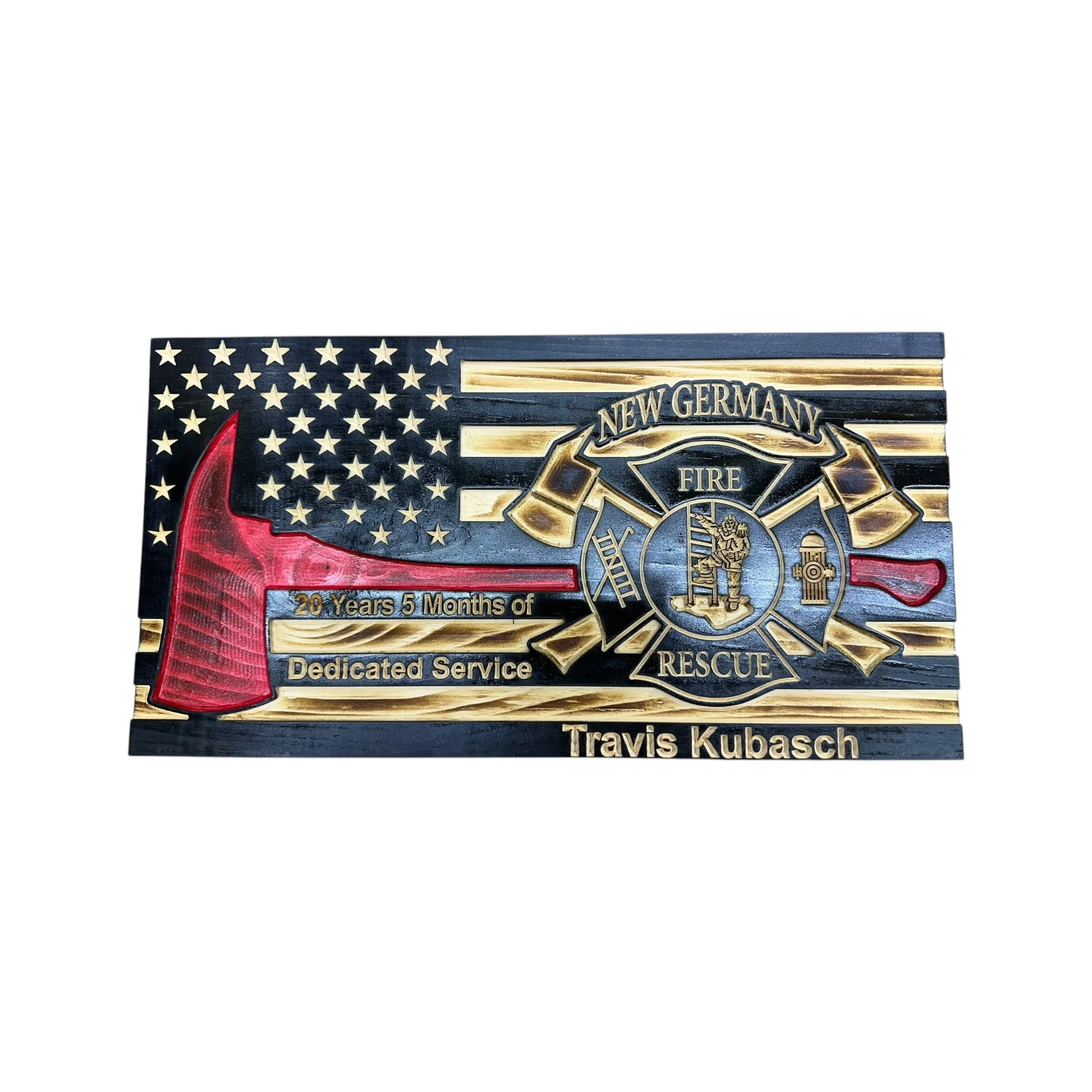 Wooden Thin Red Line American Flag with Firefighter Axe and Custom Badge - Image 3