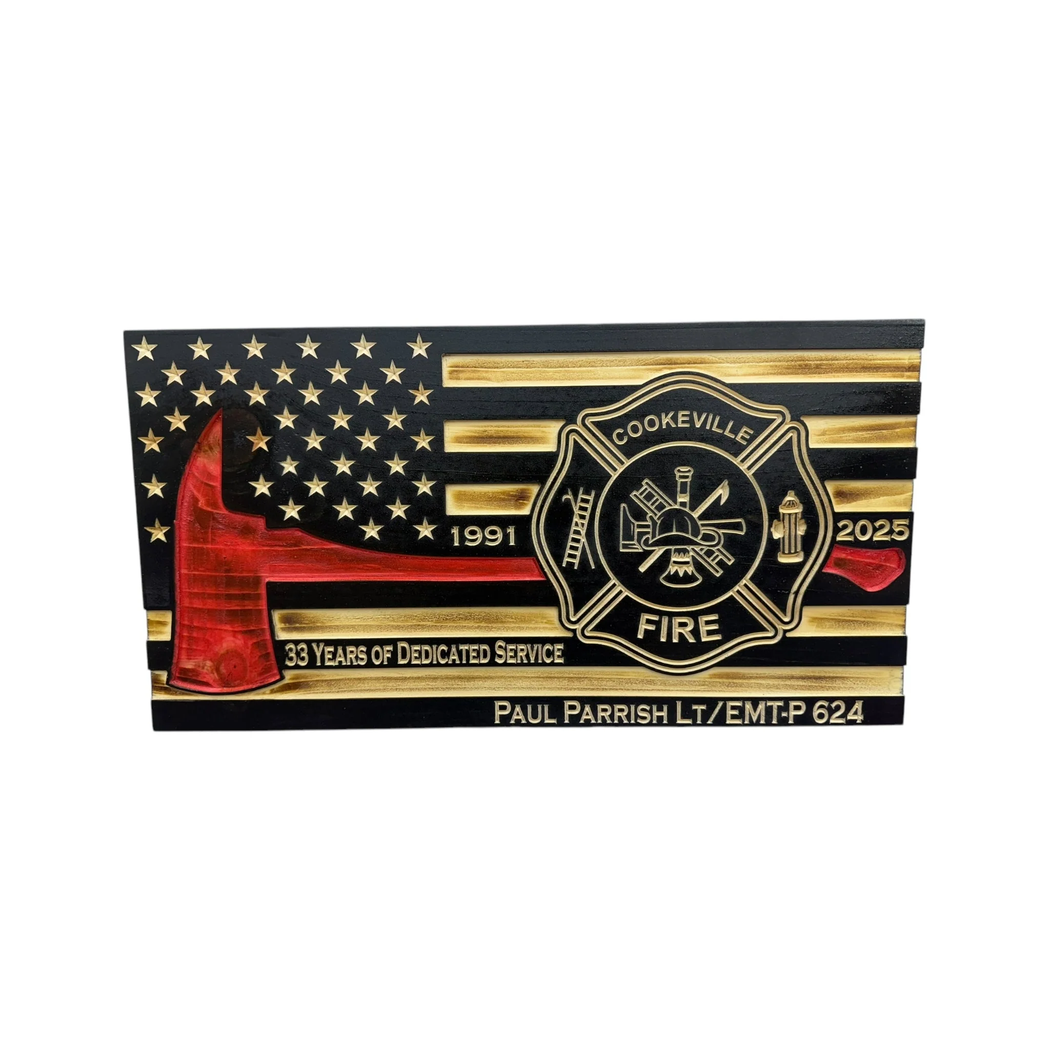 Wooden Thin Red Line American Flag with Firefighter Axe and Custom Badge - Image 4