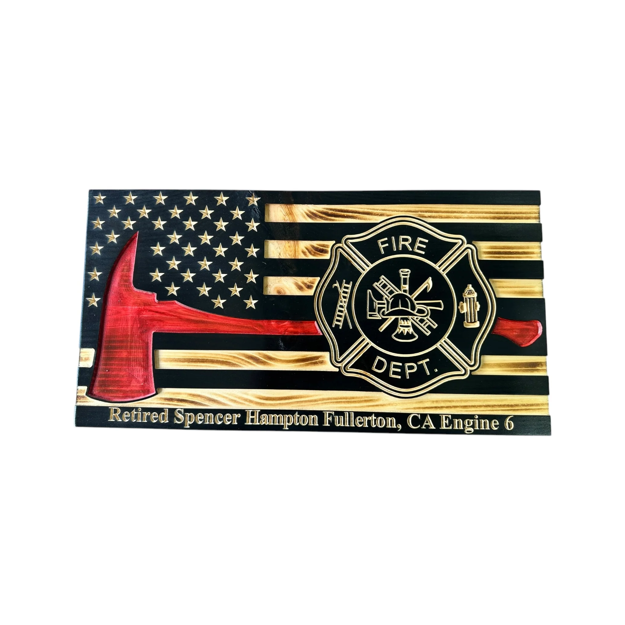 Wooden Thin Red Line American Flag with Firefighter Axe and Custom Badge - Image 5
