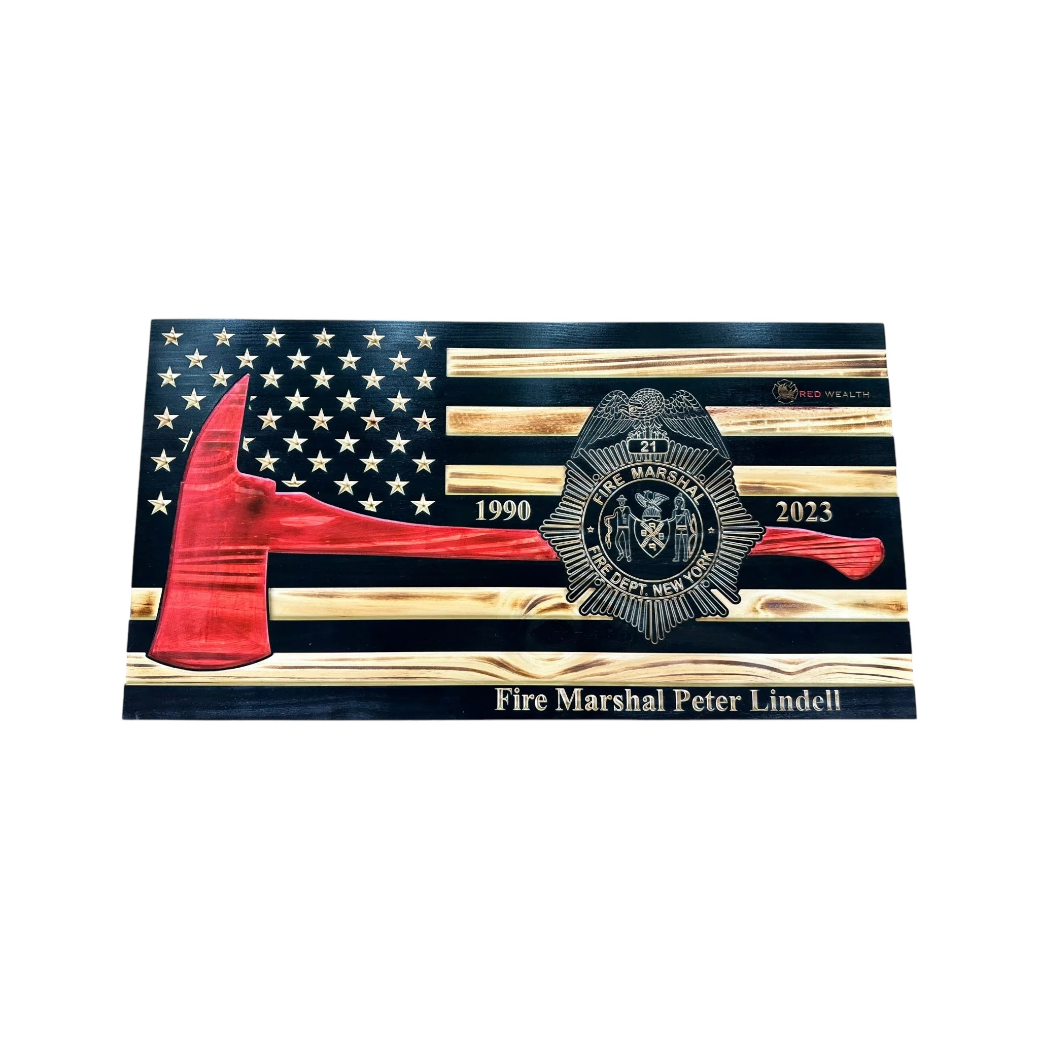 Wooden Thin Red Line American Flag with Firefighter Axe and Custom Badge - Image 6