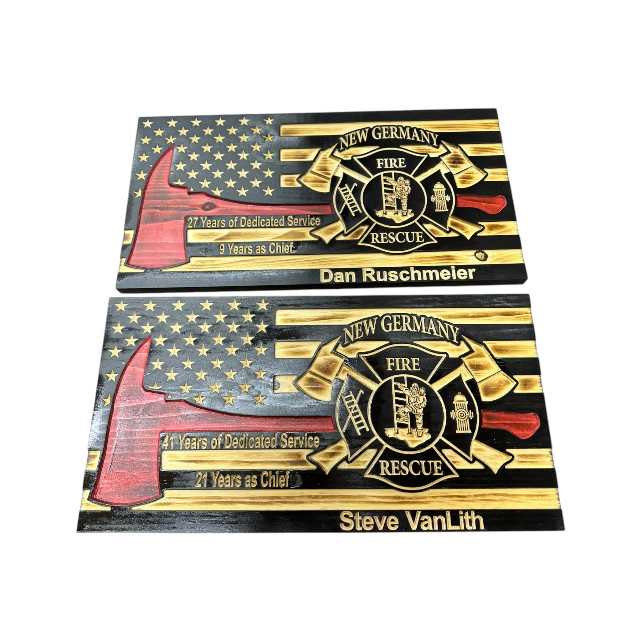 Wooden Thin Red Line American Flag with Firefighter Axe and Custom Badge - Image 7