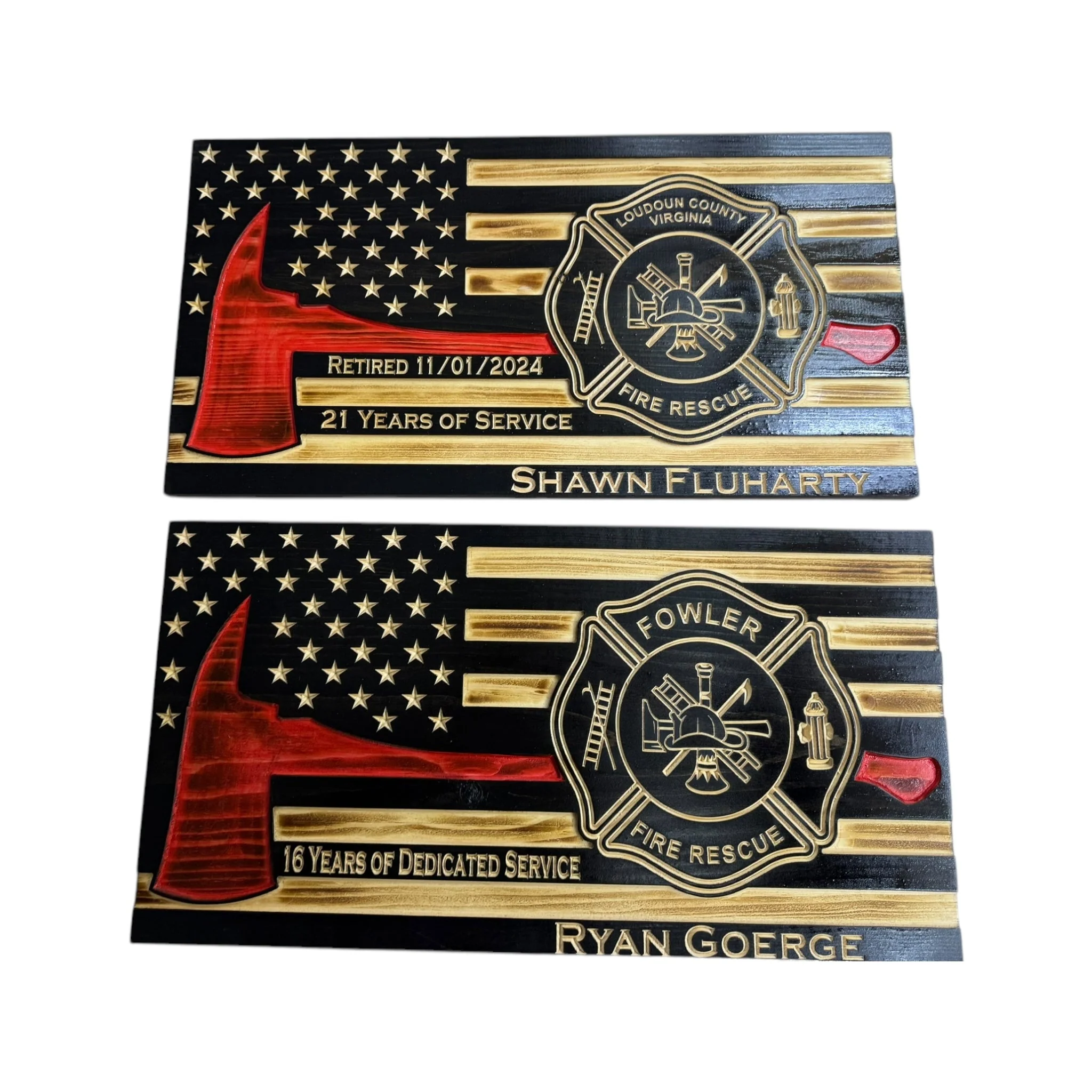 Wooden Thin Red Line American Flag with Firefighter Axe and Custom Badge - Image 8