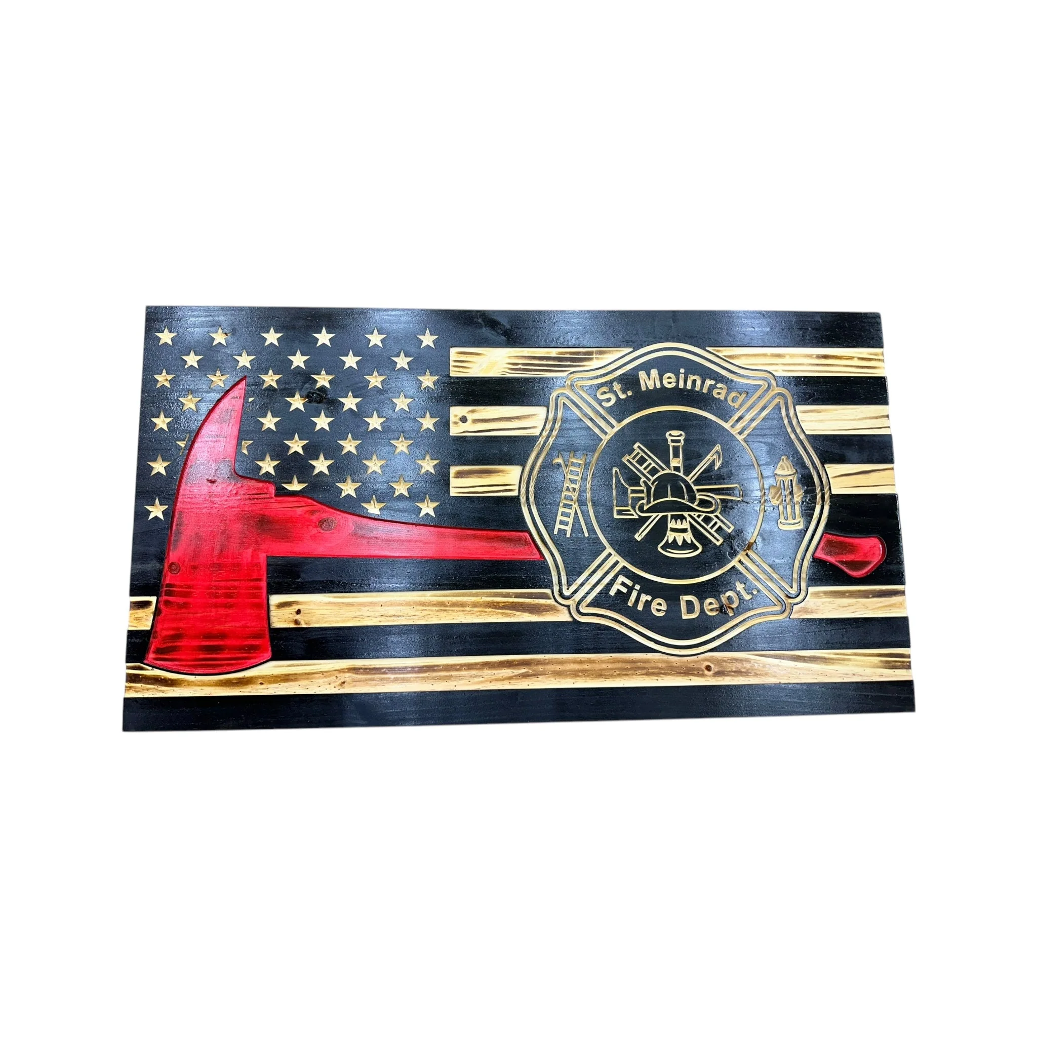 Wooden Thin Red Line American Flag with Firefighter Axe and Custom Badge - Image 9