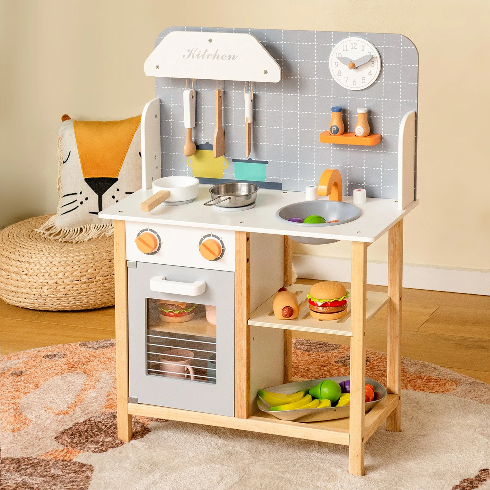 Wooden Toddler Pretend Kitchen Set with Cookware Accessories for Boys and Girls-Grey - Image 2