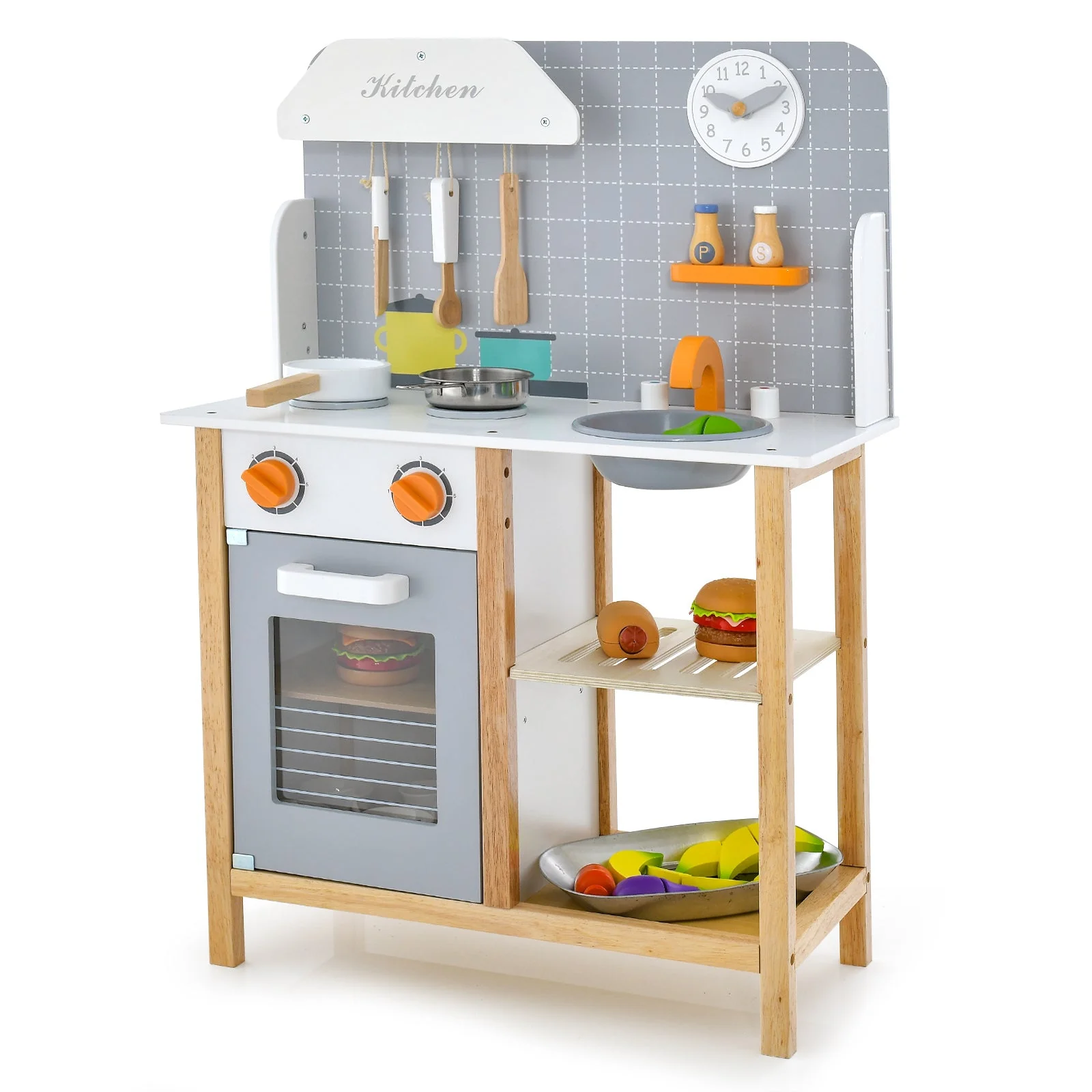Wooden Toddler Pretend Kitchen Set with Cookware Accessories for Boys and Girls-Grey - Image 3