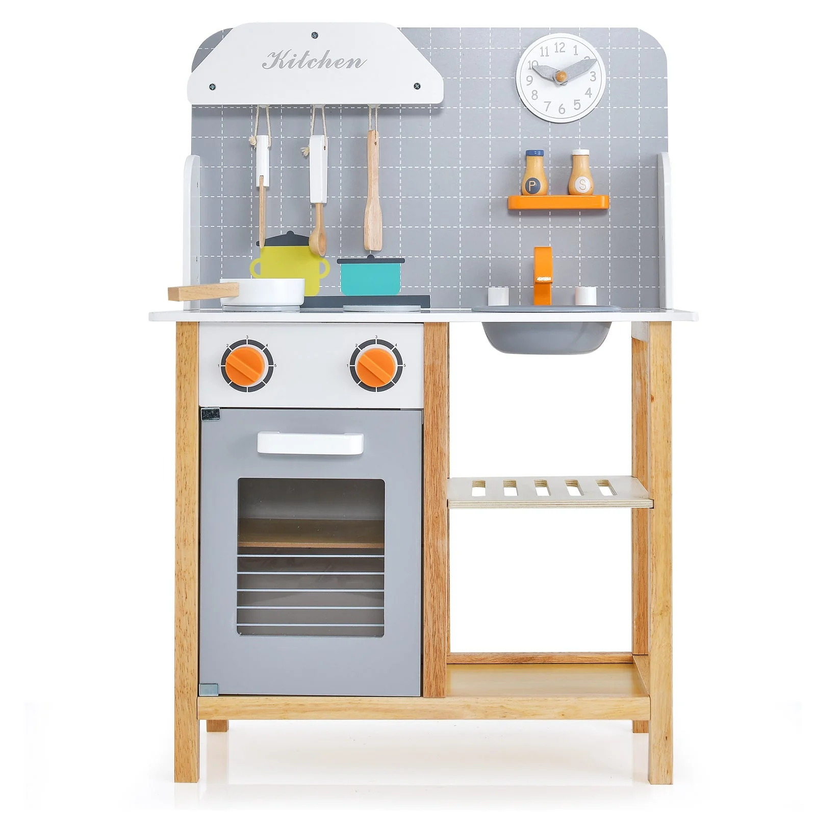 Wooden Toddler Pretend Kitchen Set with Cookware Accessories for Boys and Girls-Grey - Image 4