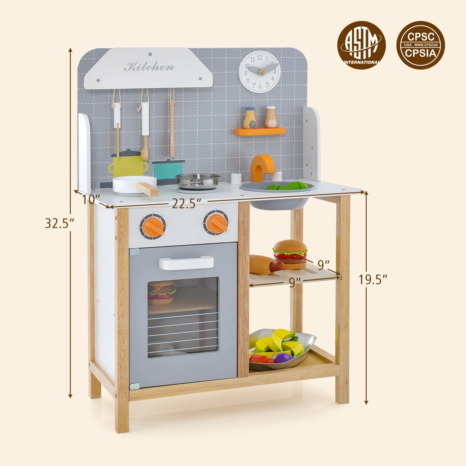 Wooden Toddler Pretend Kitchen Set with Cookware Accessories for Boys and Girls-Grey - Image 5