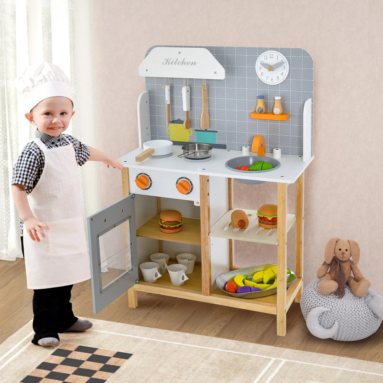 Wooden Toddler Pretend Kitchen Set with Cookware Accessories for Boys and Girls-Grey - Image 6