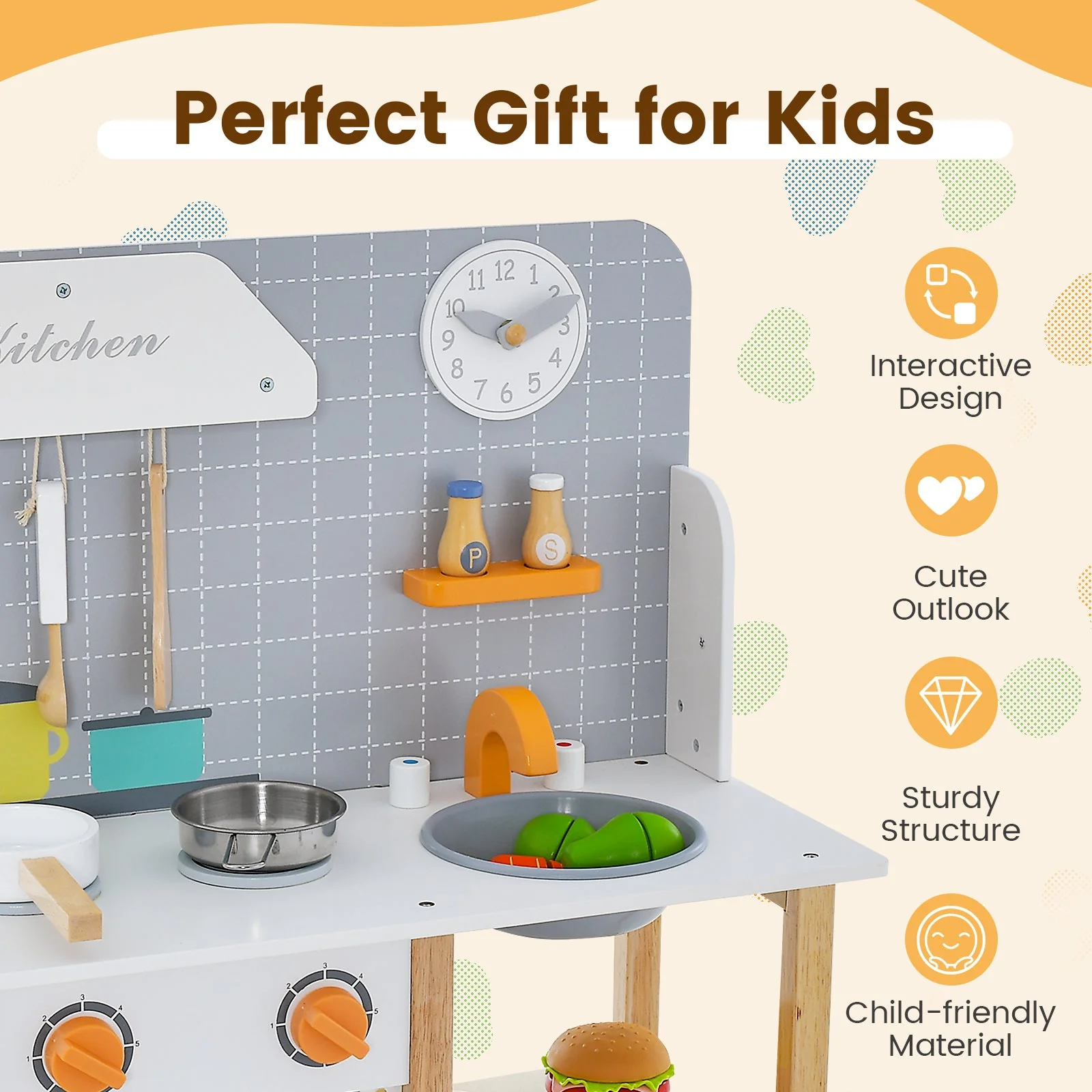 Wooden Toddler Pretend Kitchen Set with Cookware Accessories for Boys and Girls-Grey - Image 7