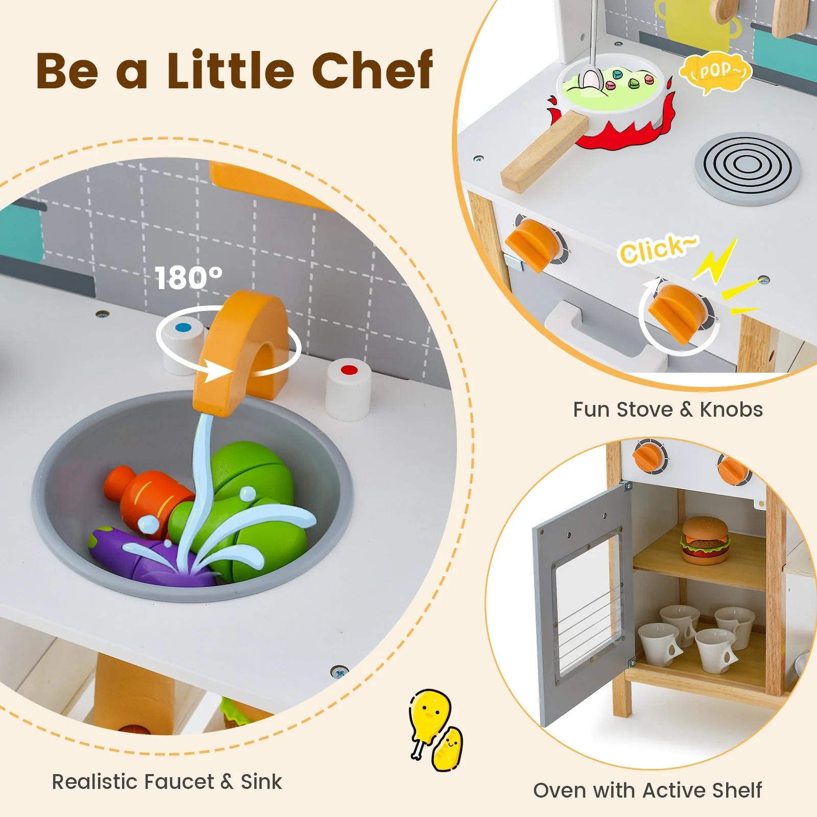 Wooden Toddler Pretend Kitchen Set with Cookware Accessories for Boys and Girls-Grey - Image 8
