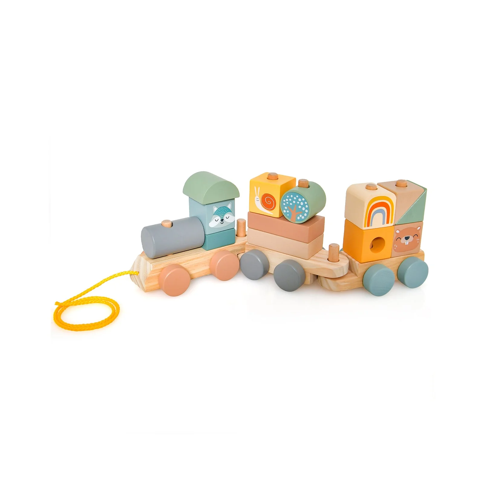 Wooden Toy Train Set with Stacking Wooden Blocks and Cute Animal Patterns - Image 3