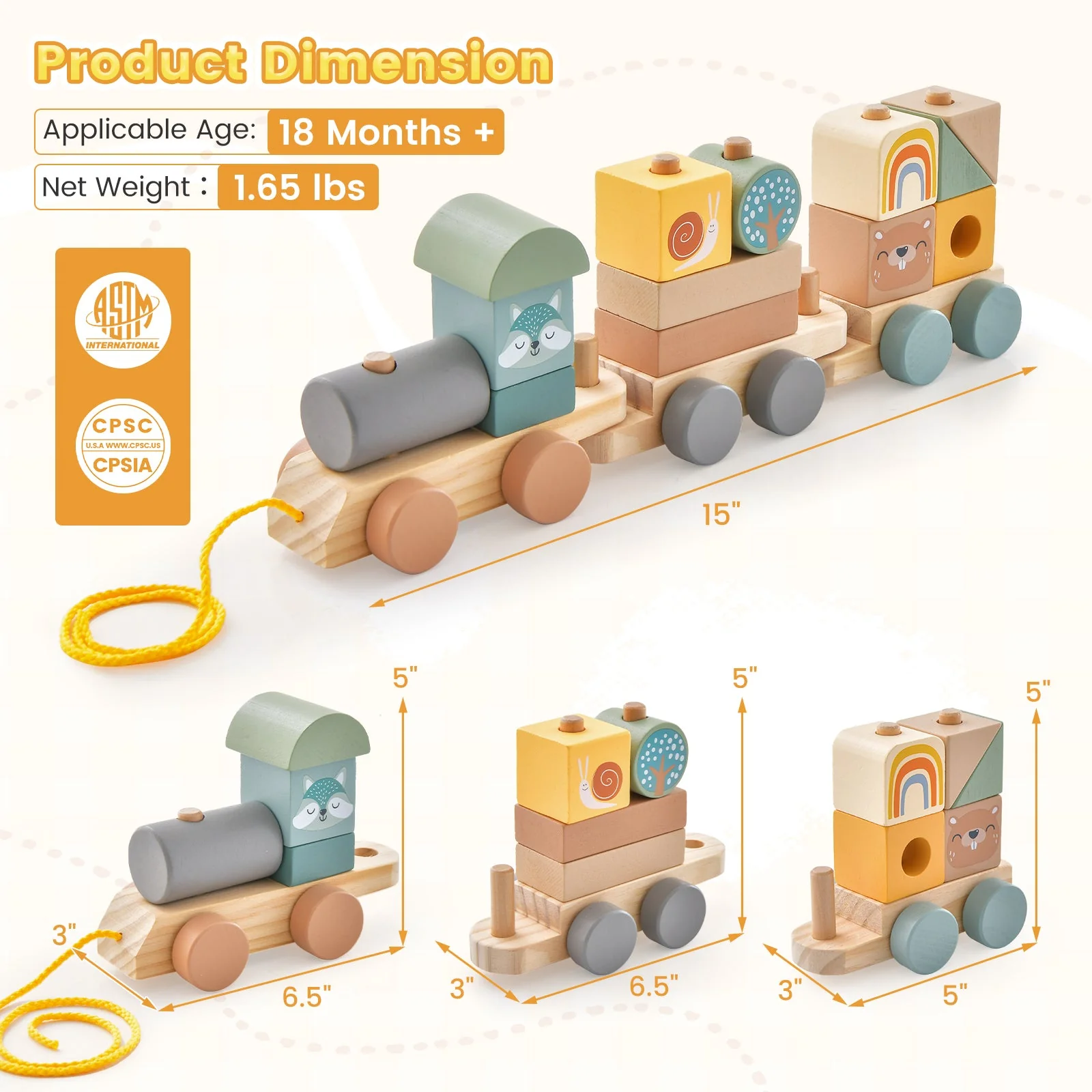 Wooden Toy Train Set with Stacking Wooden Blocks and Cute Animal Patterns - Image 4