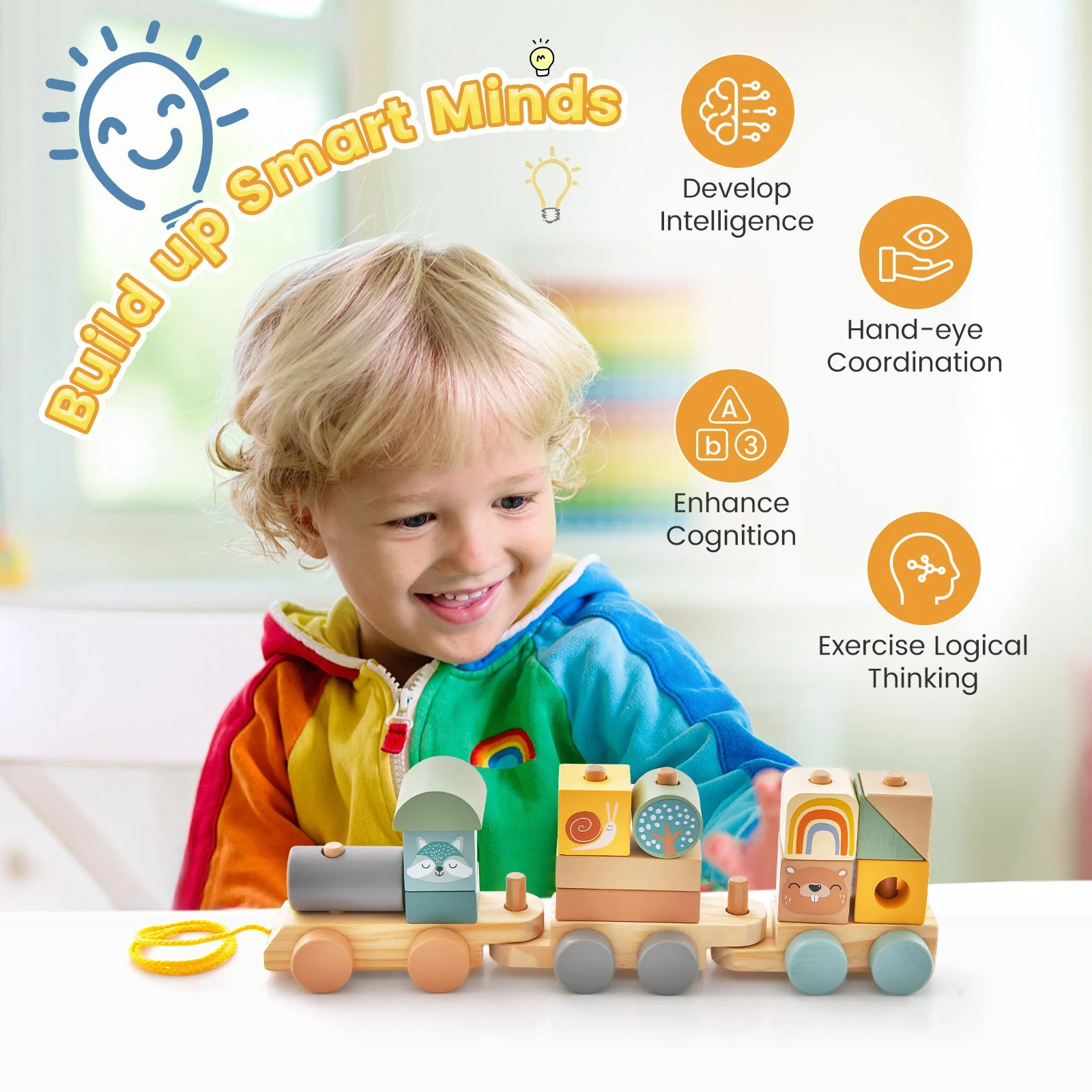 Wooden Toy Train Set with Stacking Wooden Blocks and Cute Animal Patterns - Image 5