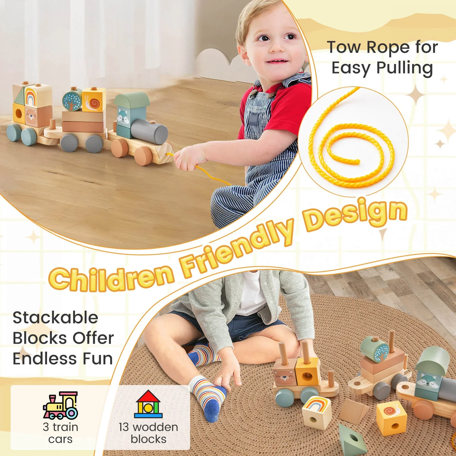 Wooden Toy Train Set with Stacking Wooden Blocks and Cute Animal Patterns - Image 7