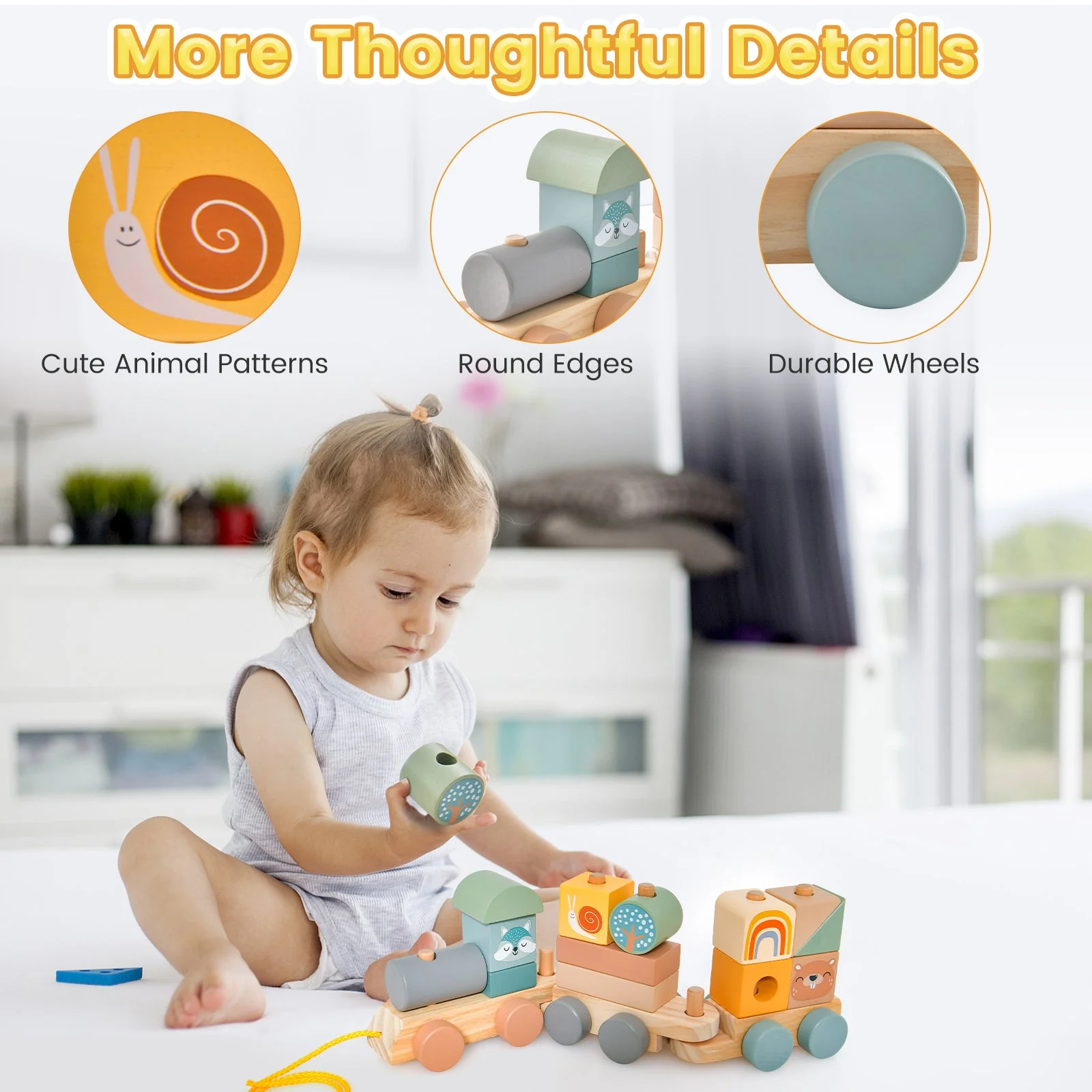 Wooden Toy Train Set with Stacking Wooden Blocks and Cute Animal Patterns - Image 8