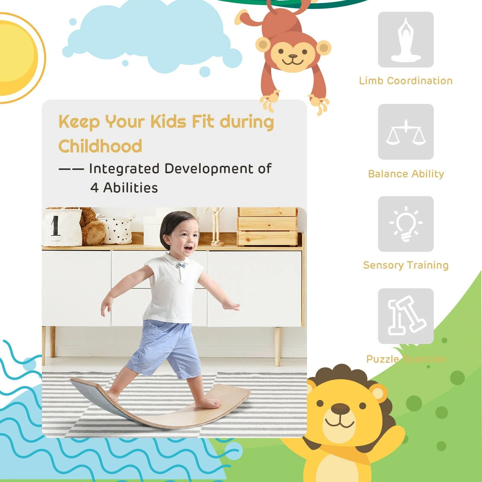 Wooden Wobble Balance Board Kids 35 Inch Rocker Yoga Curvy Board Toy with Felt Layer-Natural - Image 8