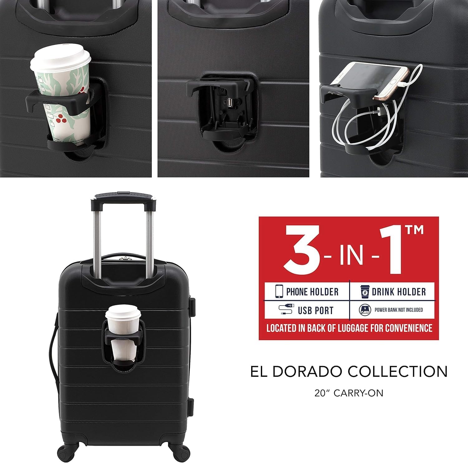 Wrangler Smart Luggage Set with Cup Holder, USB Port and Phone Holder, Black - Image 2